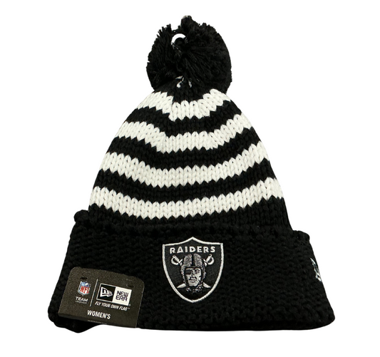 New Era Womens NFL Raiders Chunky Stripe Knit Beanie w/ Pom