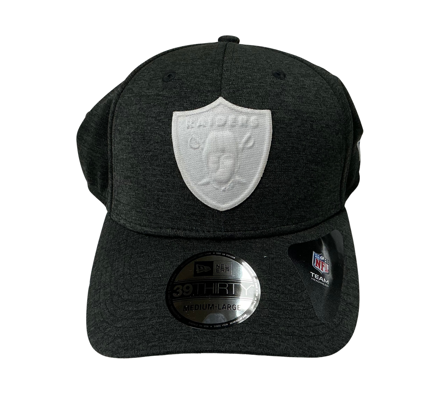 Raiders New Era 39Thirty Dark Grey White Shield Flex Fit Hat